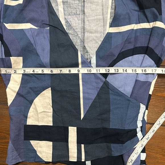 Zara Linen Blend Geometric Printed Blue Top Blouse M - Picture 6 of 8